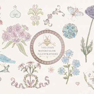 Conjunto de ilustraciones de acuarela dibujadas a mano de patinaviestudios, iconos de jardín caprichosos, dibujos rococó, iconos de boda, flores de cabaña