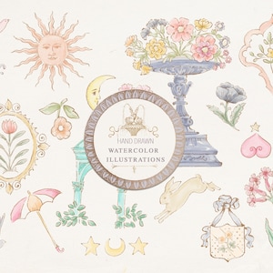 Conjunto de ilustraciones de acuarela dibujadas a mano de patinaviestudios, iconos de jardín caprichosos, dibujos rococó, icono de boda, sol y luna