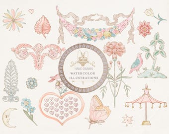 Hand Drawn Watercolor Clipart Set, Whimsical Parisian Garden Icons (PNG)
