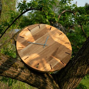 May include: A round wooden clock with a light brown finish, mounted on a tree branch. The clock face has a natural wood grain pattern and simple, linear hour markers. Silver-colored hands indicate the time. The clock is outdoors, surrounded by green foliage.