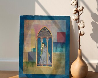 May include: A watercolor painting of a woman in a blue and gold dress standing in a doorway. The painting is on a textured paper with a blue border.