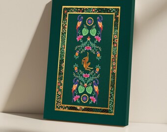May include: A green canvas print with a gold frame featuring a stylized design of a leopard, birds, and flowers. The design is symmetrical and has a traditional feel.
