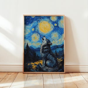 Puede incluir: Una pintura de un lobo aullando a la luna, con un cielo nocturno estrellado en el fondo. La pintura está realizada en un estilo que recuerda a La Noche Estrellada de Vincent van Gogh.