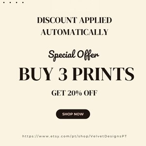 May include: Cream-colored promotional graphic for Velvet Designs. Text includes "Discount Applied Automatically," "Special Offer: Buy 3 Prints, Get 20% Off," and a "Shop Now" button. The Etsy shop URL is also displayed.