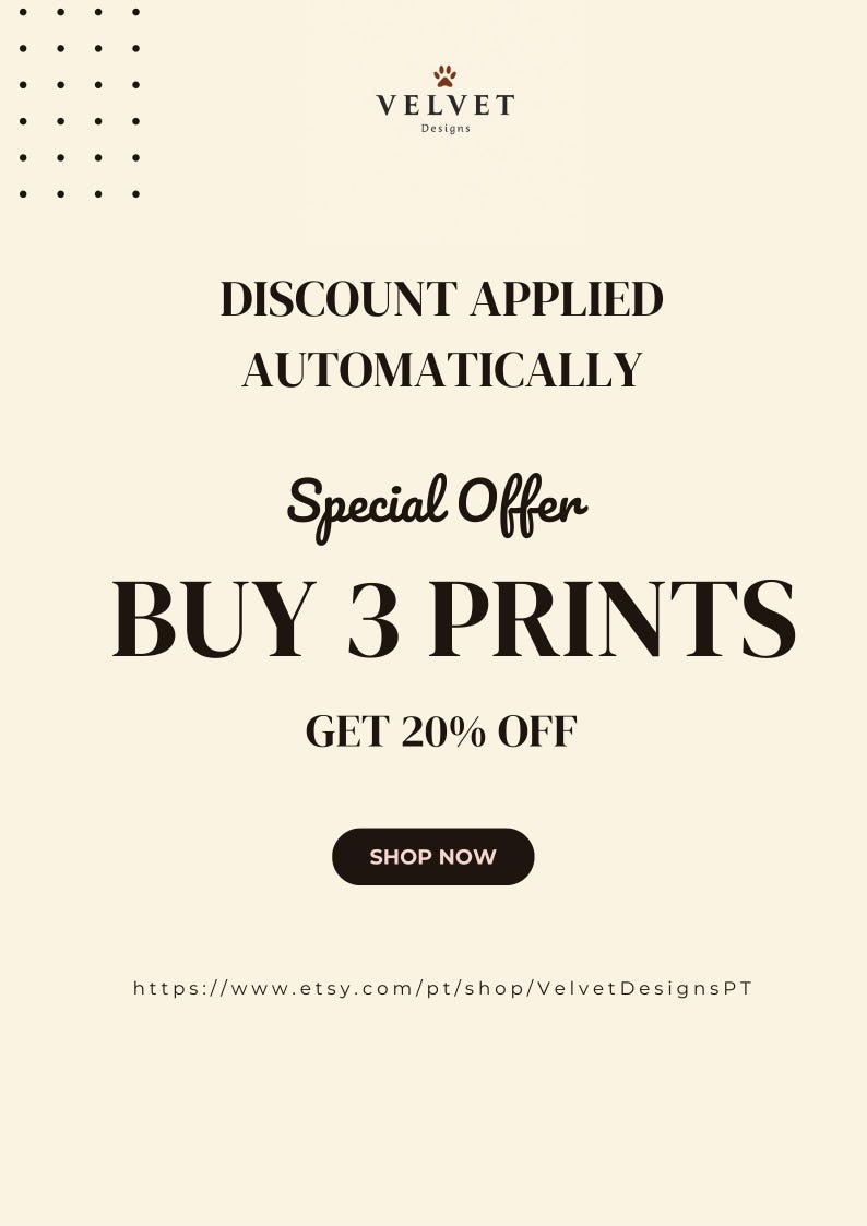 May include: Cream-colored promotional graphic for Velvet Designs. Text includes "Discount Applied Automatically," "Special Offer: Buy 3 Prints, Get 20% Off," and a "Shop Now" button. The Etsy shop URL is also displayed.