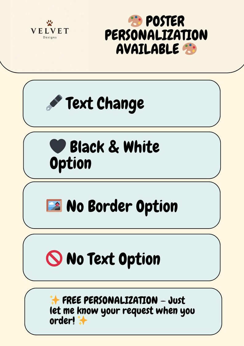 May include: Image promoting poster personalization options. Text includes "Text Change," "Black & White Option," "No Border Option," and "No Text Option." The text "FREE PERSONALIZATION" is also displayed. The Velvet Designs logo is at the top.