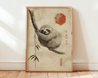 Sloth Wall Art - Vintage Sloth Print - Japanese Wall Art - Retro Japanese Print - Sloth Poster- Japanese Sloth - Animal Print - Asian Print