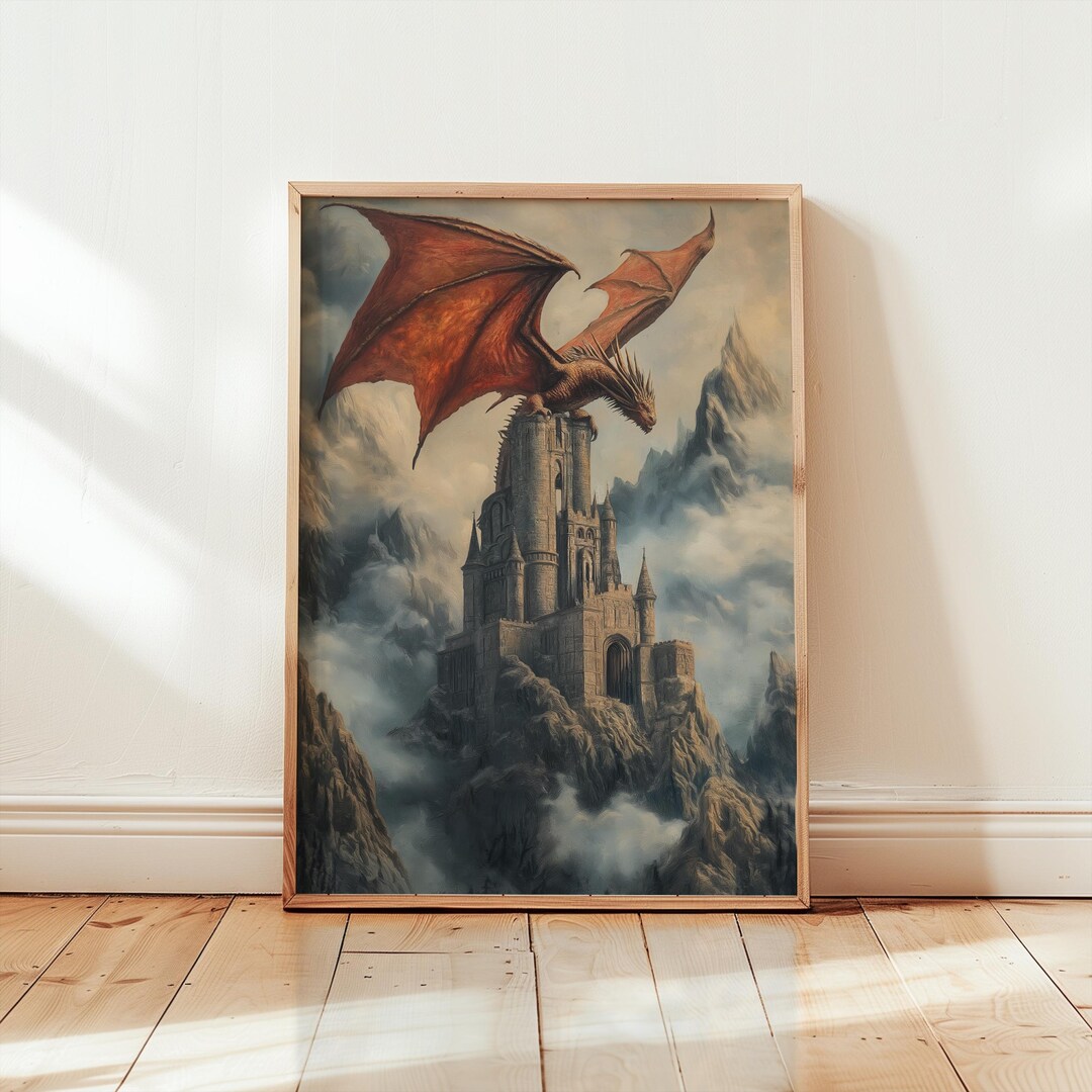 Dragon Wall Art Print – Fantasy Castle Poster – Medieval Mythical ...