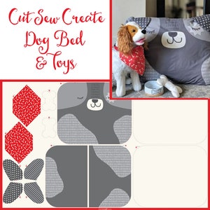 Puede incluir: Un patrón de costura para una cama y juguetes para perros. El patrón incluye una cama para perros con forma de perro, un juguete con forma de hueso y un juguete con forma de corazón. El patrón está impreso en papel blanco con acentos rojos y grises.