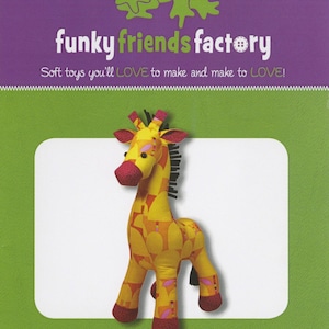 May include: A sewing pattern for a giraffe plush toy named Raff. The pattern includes instructions for making a 14 1/2 inch tall giraffe with a yellow and orange patterned fabric, black mane, and pink accents.