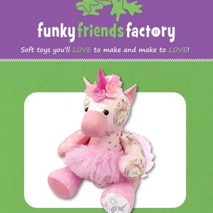 May include: A pink soft toy unicorn with a pink tutu, floral accents, and a horn. The toy is 30cm tall when sitting and 40cm tall when standing. The text "funky friends factory" and "Kelsey KEEPSAKE Unicorn" are also visible.