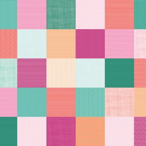 May include: A patchwork quilt with a variety of colors and patterns, including pink, orange, green, and white. The quilt is made up of squares of different fabrics, each with a unique texture.
