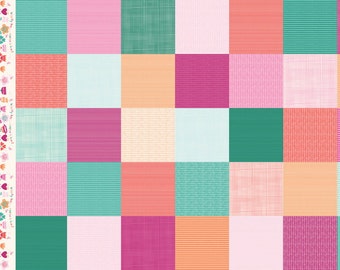 May include: A patchwork quilt with a variety of colors and patterns, including pink, orange, green, and white. The quilt is made up of squares of different fabrics, each with a unique texture.
