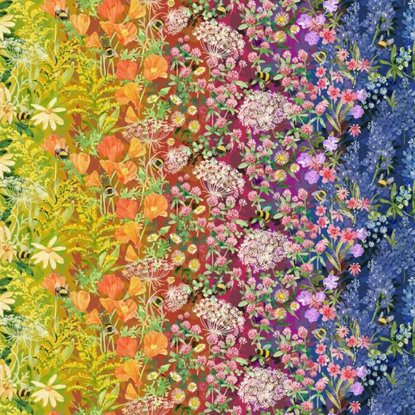 Moda Quilting Cotton, Quilting Fat Quarters, Wild Blossoms Collection, Ombre Floral Print Fabric, Robin Pickens Multi Floral Print