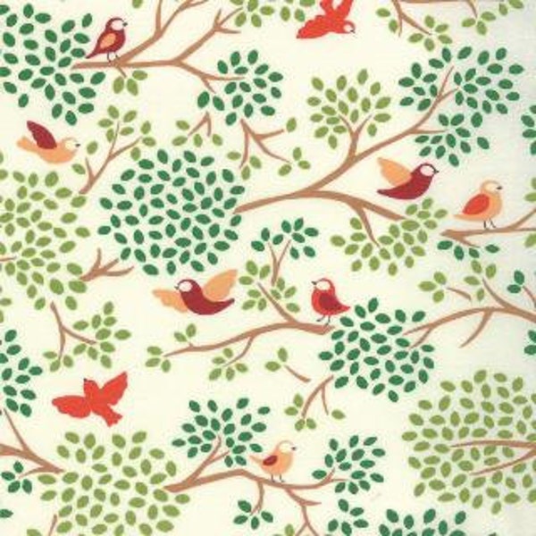 Moda Quilting Cotton, Quilting Fat Quarter, Chirps (Birds and Trees) in Cream (Brown, Orange and Tan), Chirp Chirp Collection, Momo for Moda