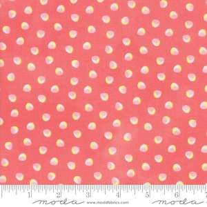 Puede incluir: Una tela roja con un patrón repetitivo de pequeños círculos blancos y amarillos. La tela tiene una textura sutil y un aspecto ligeramente descolorido. La tela está marcada con una regla y la palabra "moda" en negro.