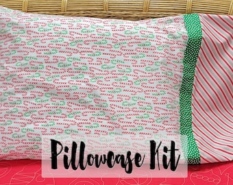 Easy Christmas Pillowcase Kit, "Burrito" Method Pillow Case Kit, Beginner Sewing Project, Me & My Sister Fabrics, Merry and Bright Fabrics