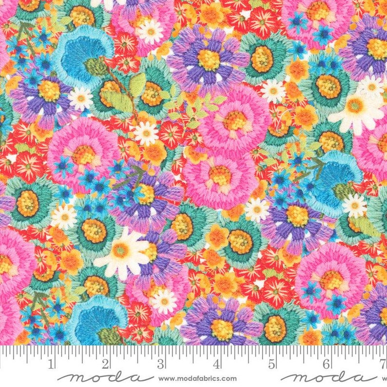 May include: A white fabric with a colorful floral pattern. The flowers are embroidered in shades of pink, blue, purple, yellow, orange, and green. The fabric is perfect for quilting, sewing, and crafting.