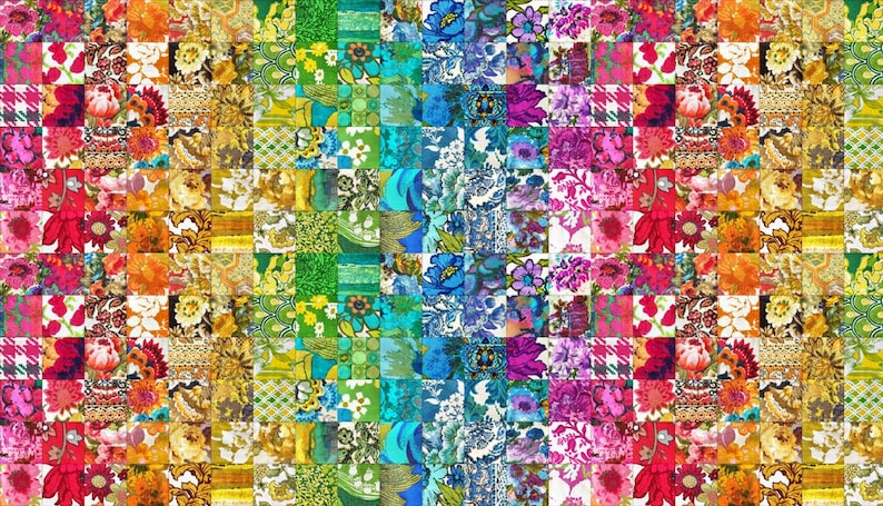 May include: A colorful patchwork quilt with a rainbow gradient of floral patterns. The quilt is made up of many small squares, each with a different floral design. The colors of the quilt are bright and vibrant, and the overall effect is cheerful and whimsical.