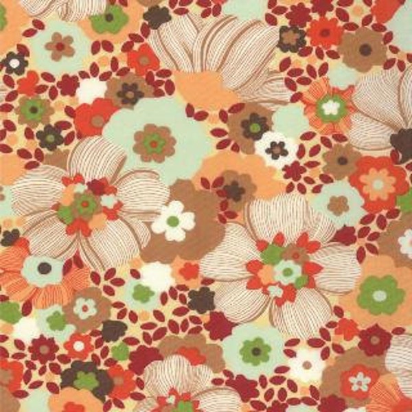 Moda Quilting Cotton, Quilting Fat Quarter, Blooms (Floral) in Sunset (Brown, Orange and Tan), Chirp Chirp Collection, Momo for Moda