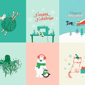 以下が含まれることがあります： クリスマスをテーマにしたイラストが描かれたファブリックの正方形が6つセットになっています。正方形には、糸を持ったネズミ、ミシン、馬が引くそり、クリスマスライトを持ったタコ、ペンギンを持ったホッキョクグマ、プレゼントボックスを持った猫が描かれています。