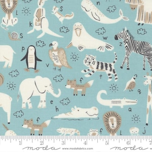 May include: A light blue fabric featuring a repeating pattern of various animals, including a lion, zebra, and elephant. Each animal is accompanied by a letter of the alphabet. The fabric also includes clouds and suns.