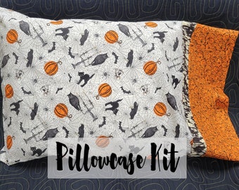 Easy Pillowcase Kit, "Burrito" Method Pillow Case Kit, Beginner Sewing Project, Deb Strain Halloween Fabric, Ghostly Greetings Fabrics