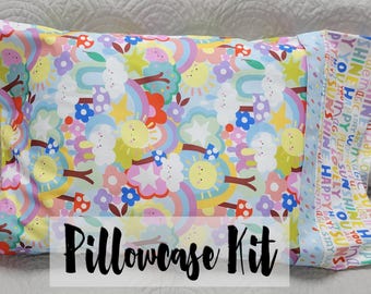 Kit de fronha fácil, kit de fronha método "Burrito", projeto de costura para iniciantes, tecidos de papel e tecido, tecido estampado para qualquer clima