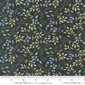 May include: A dark blue fabric with a repeating pattern of green and blue leaves and red berries. The fabric has a subtle white speckled background.