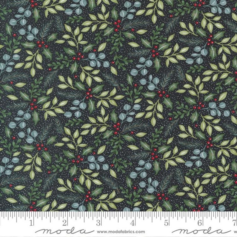 May include: A dark blue fabric with a repeating pattern of green and blue leaves and red berries. The fabric has a subtle white speckled background.