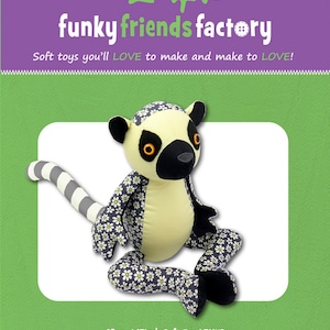 May include: A sewing pattern for a 17-inch soft toy lemur named Licorice. The lemur is sitting with its tail curled behind it. The lemur is made of black, white, and gray fabric with a white daisy pattern.