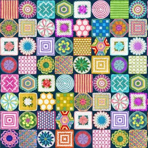May include: A colorful patchwork of crocheted squares and circles in various colors and patterns. The background is a dark blue.