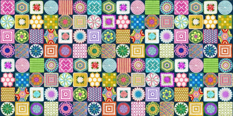May include: A colorful patchwork of crocheted squares and circles in various colors and patterns. The background is a dark blue.