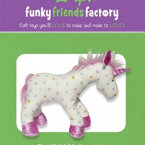 May include: A white unicorn soft toy with pink mane and hooves. The unicorn is covered in colorful stars and is 14 inches tall. The toy is part of a sewing pattern for a soft toy horse or unicorn.