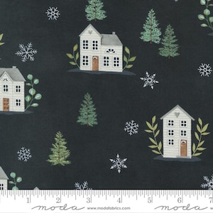 May include: A black fabric with a white house, green trees, and snowflakes pattern. The fabric has a white ruler with the word "moda" printed on it.