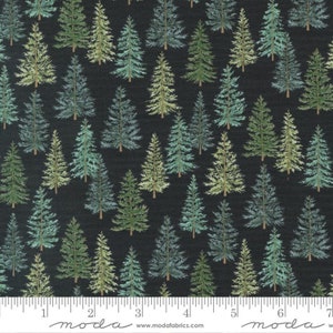 May include: Black fabric with a repeating pattern of green and blue pine trees. The fabric has a subtle texture and is ideal for quilting, crafts, and home decor projects.