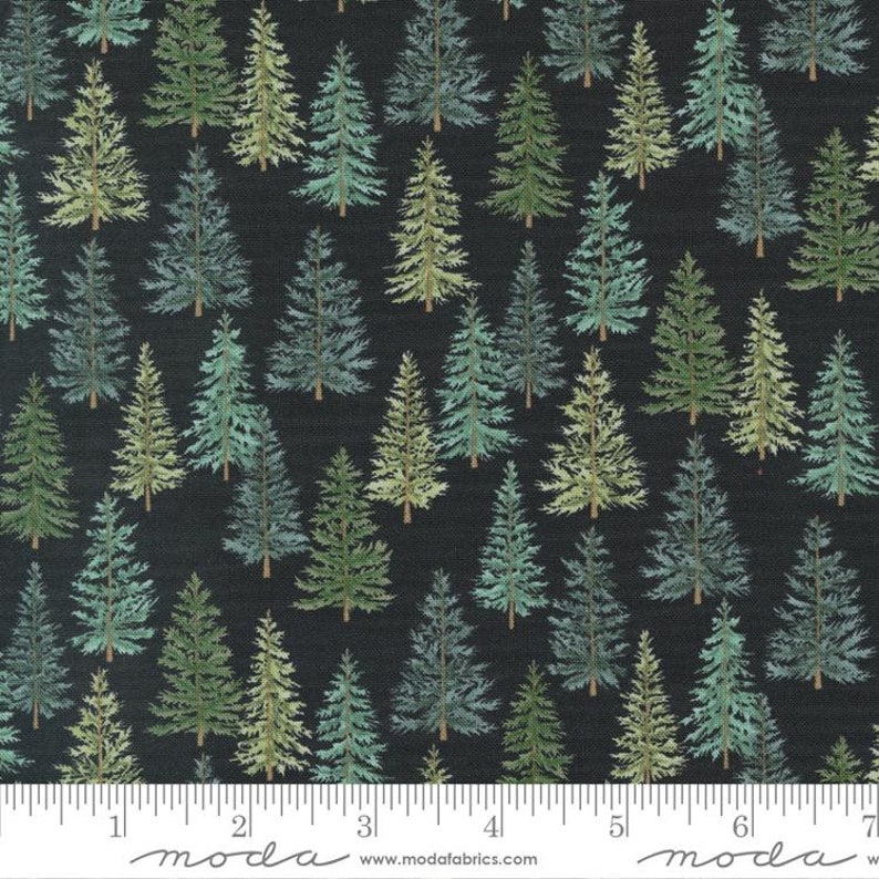 May include: Black fabric with a repeating pattern of green and blue pine trees. The fabric has a subtle texture and is perfect for quilting, crafts, and home decor projects.