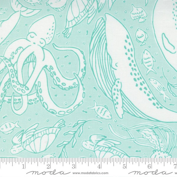 Moda Quilting Cotton, Quilting Fat Quarters, The Sea and Me Collection, Stacy Iest Hsu for Moda, Aqua Sea Animal Print