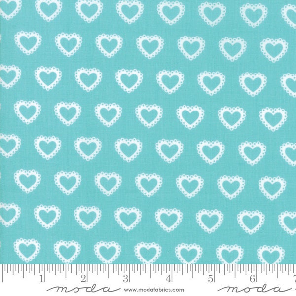 Small Lacey Heart Print in Pink, White and Aqua from the First Romance Collection, by Kristyne Czepuryk for Moda