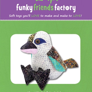 May include: A sewing pattern for a 16-inch soft toy kookaburra named Kylie. The pattern features a colorful patchwork design with black, white, blue, and brown fabrics.