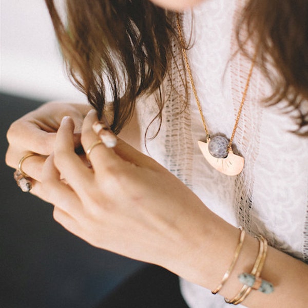 Horizon Necklace | Copper Half Circle Pendant | Lavender Stone Jewelry