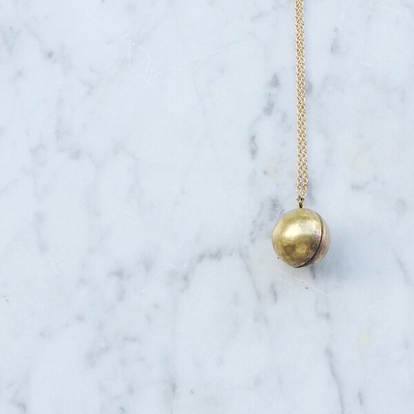 Minimalist Gold Ball Locket / Antiqued Brass Pendant on Copper Chain / bridesmaids gift