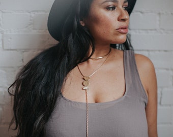 MOON PHASE Lariat | Gold Y Necklace / Boho Rosary Drop Chain