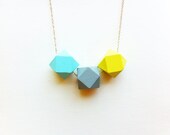 Neon Faceted Wood Necklace in Aqua, Gray and Yellow / Minimalist Bright Jewelry / Color Block