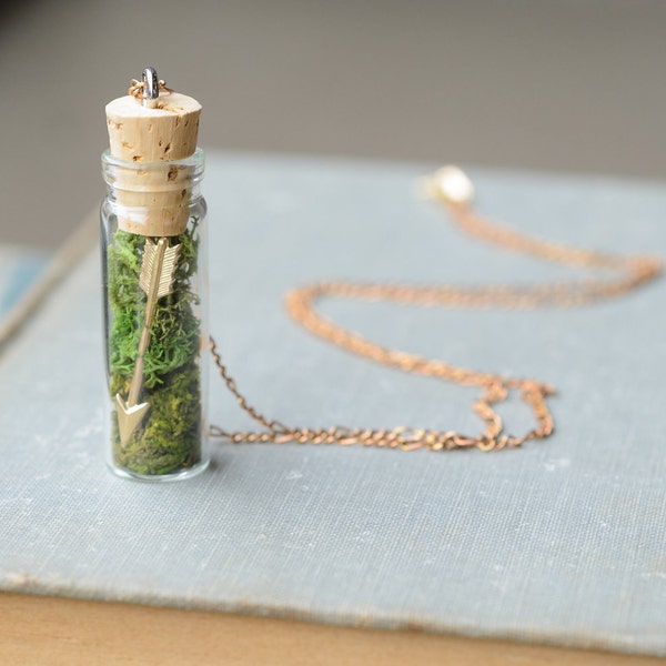 Bohemian Arrow in a Bottle Pendant / Sagittarius Jewelry / Glass Terrarium Necklace