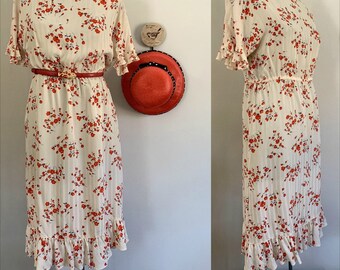 Red Roses and Ruffles Silk Dress Vintage Jane Andre Size 10