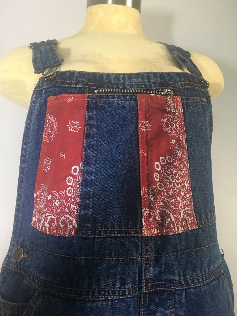 Red Bandanna Denim Overalls Size ML High Rise Short Leg Jeans Jumper