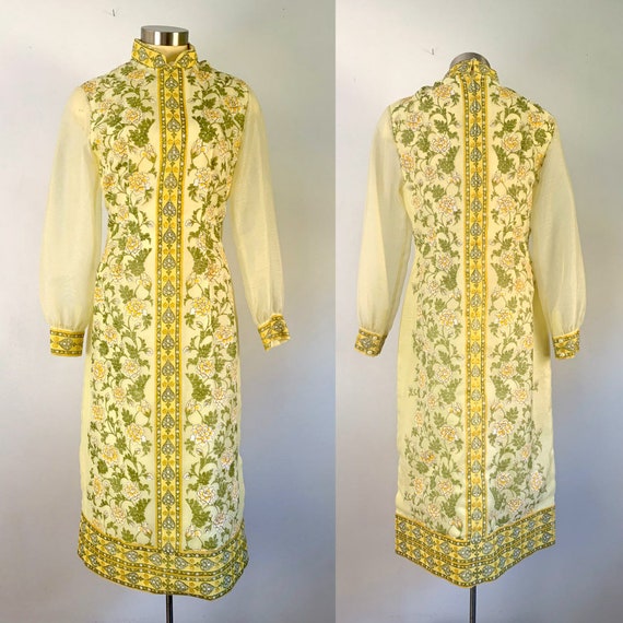 1970s Alfred Shaheen Yellow Floral Print Dress