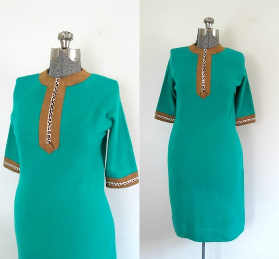 Green Cashmere Sweater Dress Suede Pony Fur Trim V