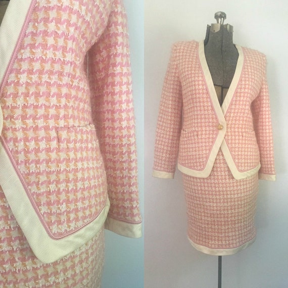 1980s Escada Pink Houndstooth Plaid Suit